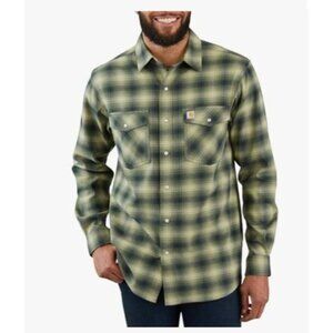 Carhartt Men's rugged flex Hamilton Plaid Western snap Shirt Size Large Green